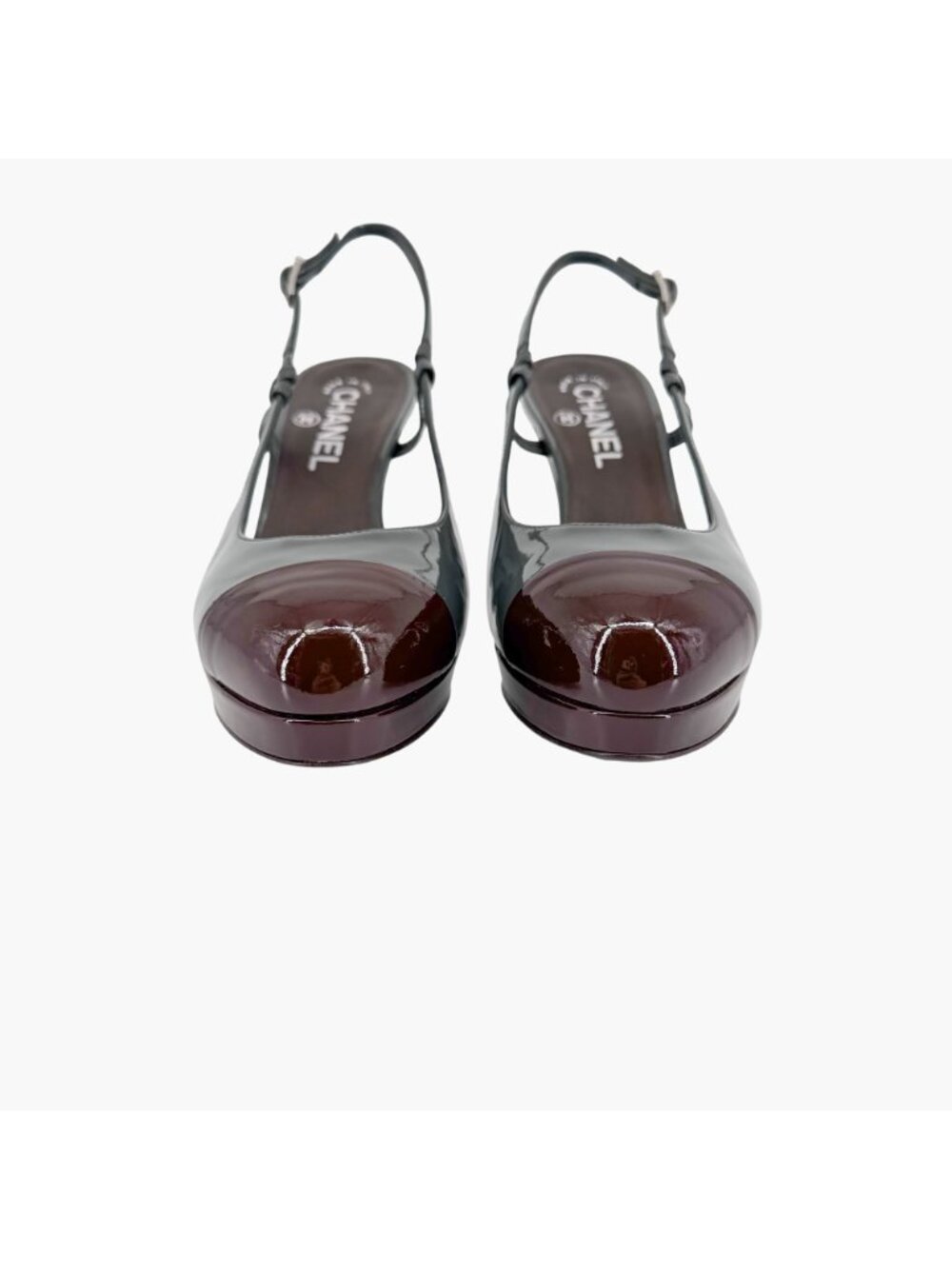 Chanel Gray Burgundy Patent Cap Toe Slingback Platform Pumps Size 37.5 US 6.5–7 - Picture 6 of 15